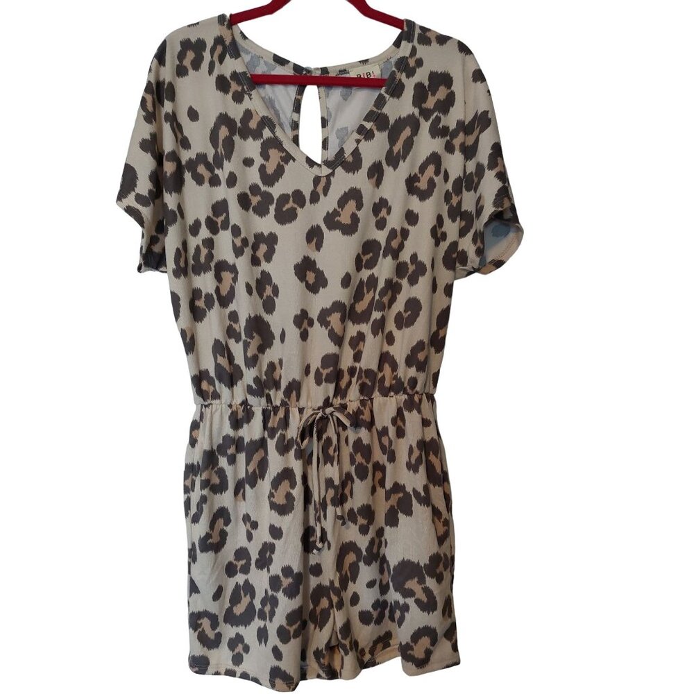 Leopard Print BiB! Short Sleeve Romper With V-Neck & Keyhole Back Drawstring Wai
